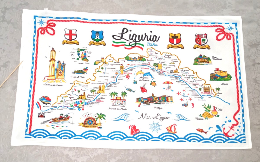 Italian Liguria Coastal Tea Towel Cloth Map 36x22 Cotton Seaside *Smudges